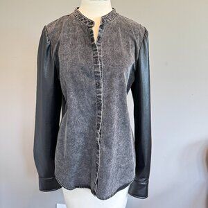 J Society Faux Leather & Denim Button Down Shirt